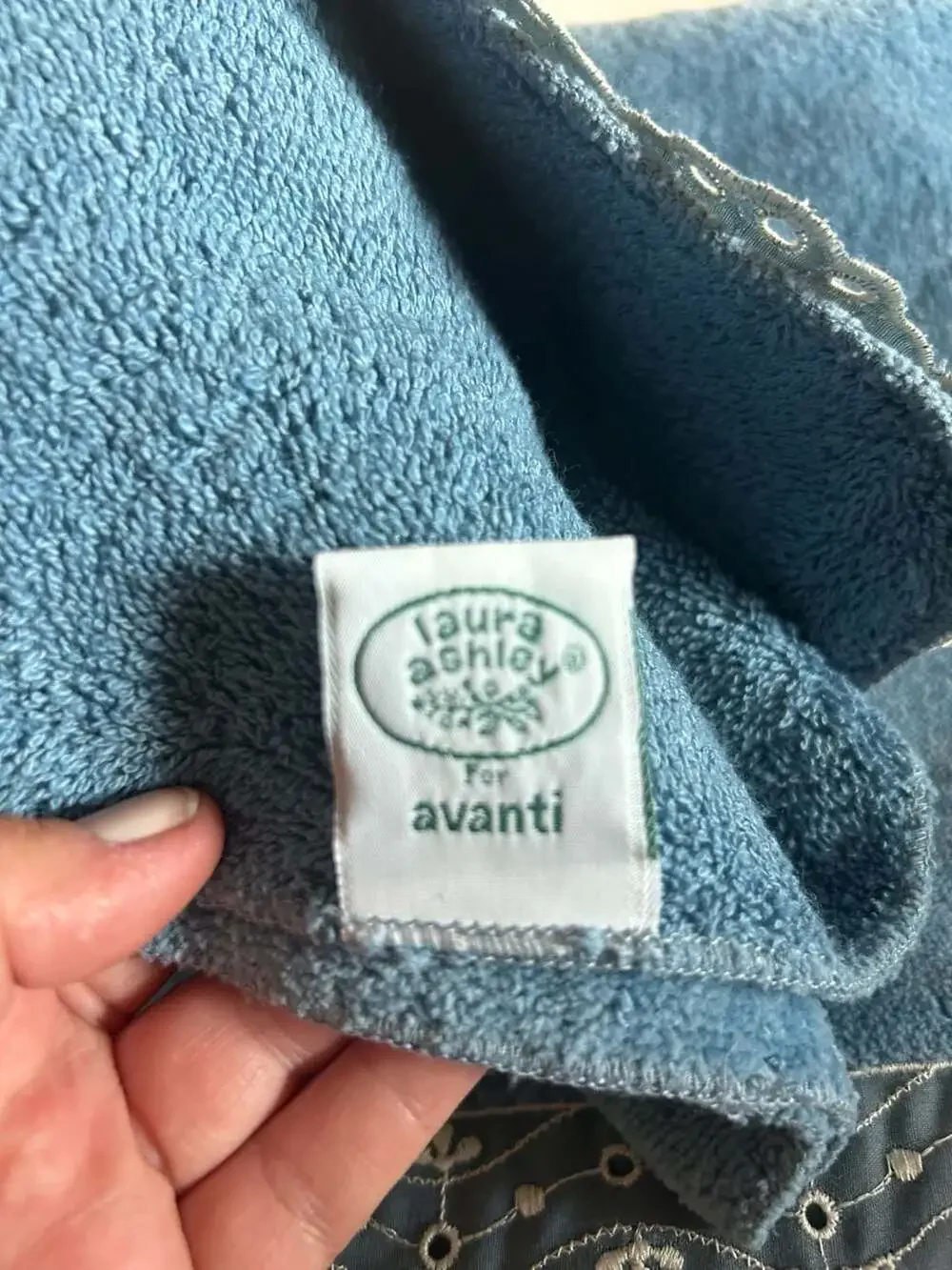Laura Ashley for Avanti Blue Bath Towel and Washcloth with Embroidered Pattern